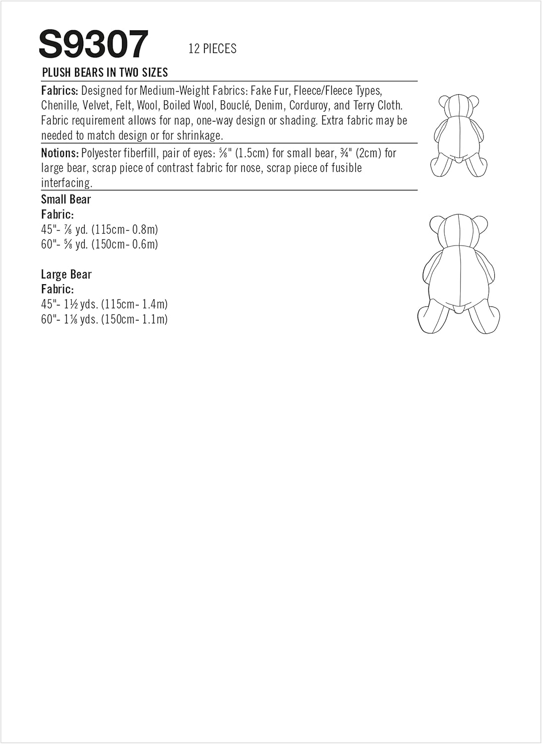 Plush Bear Sewing Pattern Kit, Code 9307