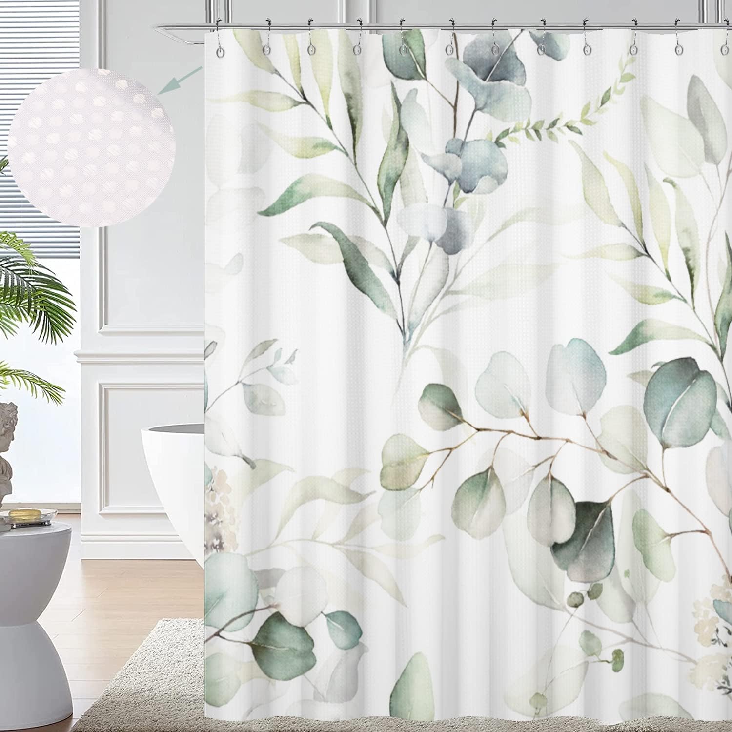 GCIREC Eucalyptus Leaf Waffle Shower Curtains, Weighted Bottom Sage Green Spring Watercolor Botanical Plants Textured Fabric Bathroom Curtain Bathtub