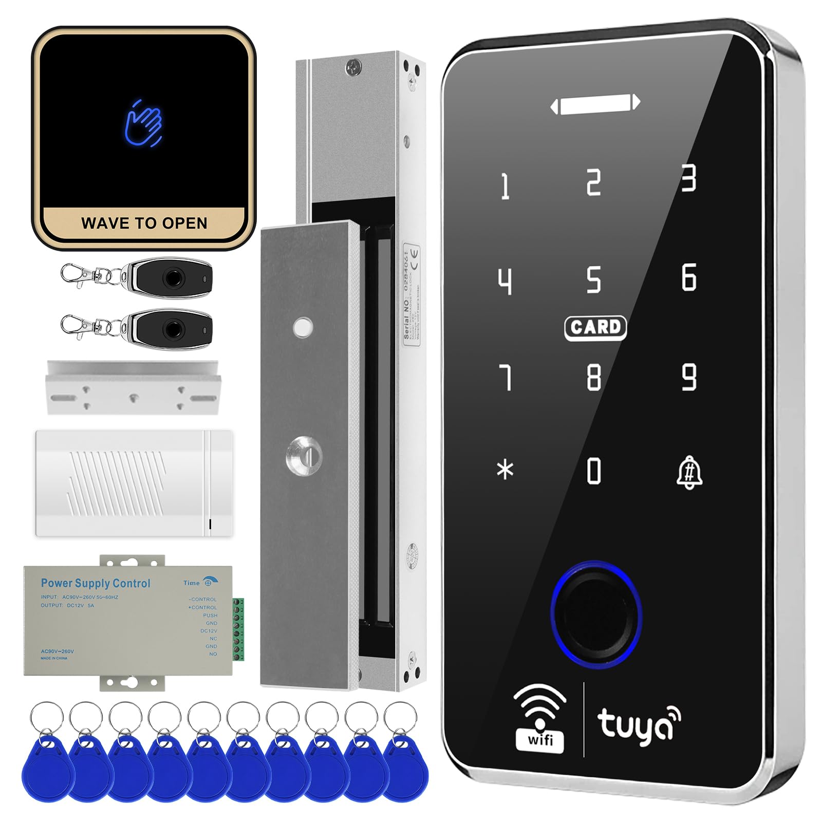 XYBkey WiFi TUYA Security Access Control System Kit: Waterproof, Fingerprint, Password, RFID Keyboard Lock, 600lb Magnetic Lock +U Bracket, Smart Remote Door Opener, App WG26 Doorbell, Sensor Switch