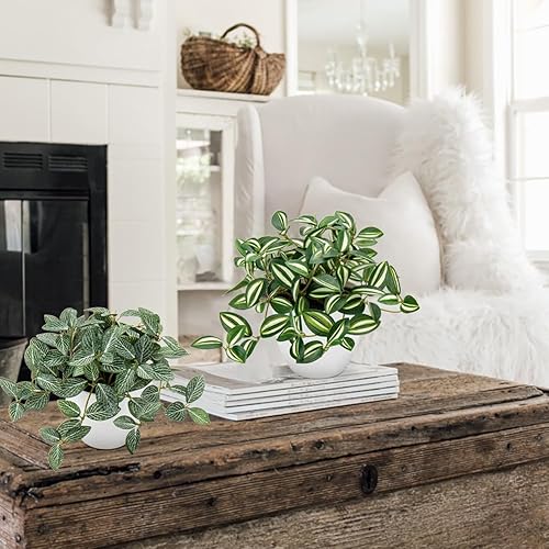 Miniatura 4 de Hollyone Plantas falsas, 2 paquetes de plantas artificiales de interior con maceta de plástico blanco, pequeña planta falsa en maceta para el hogar,