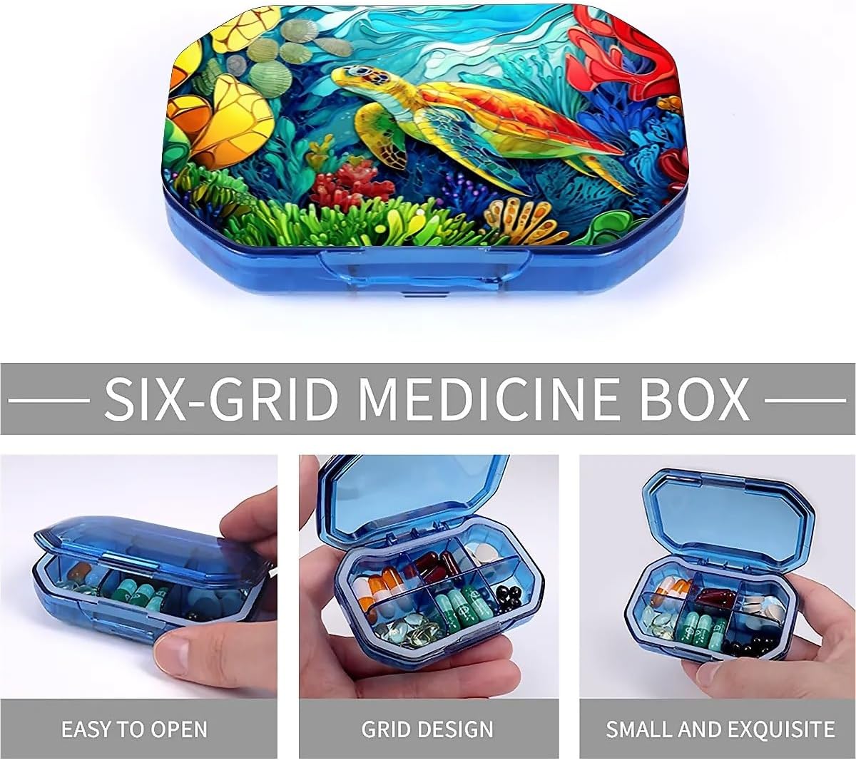 This Portable Colorful Coral Reef Sea Turtle Pattern 6 Compartment Pill Box Can Be Placed in A Pocket Or Wallet to Store Vitamins, Medicines Health Supplements Other Medications. image 5