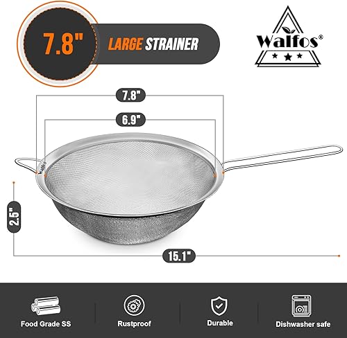 Miniatura 17 de Walfos Colador grande de malla fina de 9.35 pulgadas, tamiz de malla de acero inoxidable 30 con mango resistente, coladores de alimentos de cocina
