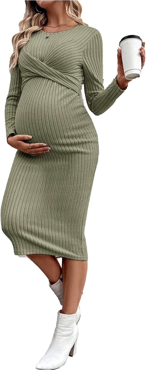 Women's Stretch Maternity Dress Knit Ribbed Photoshoot Bodycon Dresses for Baby Shower