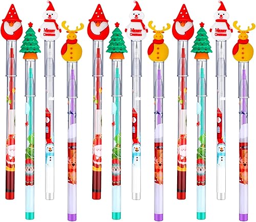 Lápices de Navidad apilables de varios puntos, de plástico, decorados con Papá Noel, árbol de Navidad, ciervos y muñeco de nieve para Navidad,