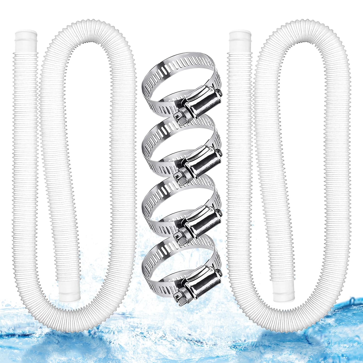 Lot de 2 tuyau piscine,Tuyau 32mm Blanc,Tuyau aspirateur piscine,pompe piscine avec 4 pince fixe,149.9 * 3.2cm,Pour piscines hors sol,Nettoyage des piscines,Adapté à une variété de pompes