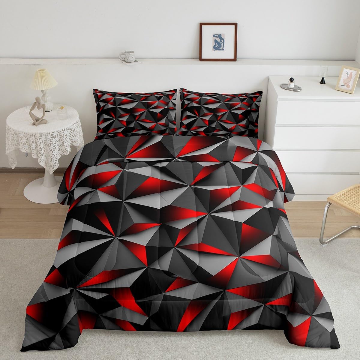 Feelyou Red Black Bedding Set Full Size Boys Girls Comforter Set for Kids Geometric Comforter Modern Abstract Duvet Set Room Decor Duvet Set