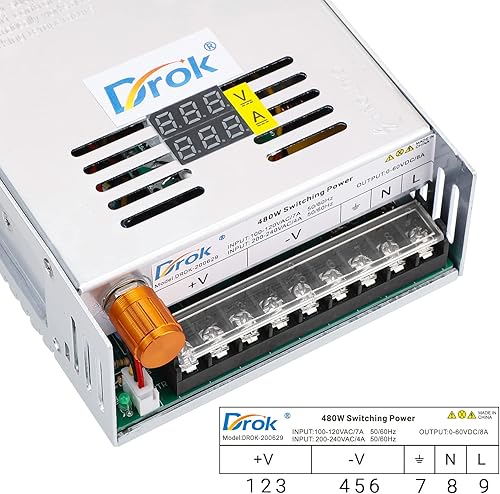 Miniatura 10 de DROK Fuente de alimentación de 24 V, CA 110 V220 V a CC 0-24 V 0-20 A 480 W, adaptador ajustable de amplificador de voltios regulado 5 V 12 V 24 V