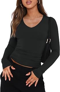 IWD Womens Long Sleeve Shirts V Neck Casual Tops 2025 Fashion Slim Fitted Tops Basic Tee Y2k Outfits