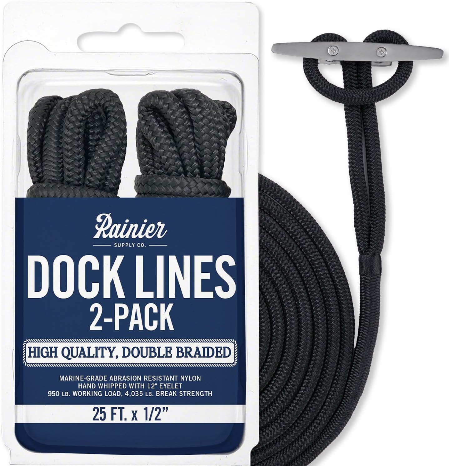 RainierSupplyCo Dock Lines 2-Pack - Boat Rope for Docking with Loop - 25 ft x 1/2 Inch Premium Double Braided Nylon Marine Rope - Mooring Line with 12" Eyelet - Boat Accessories - Black