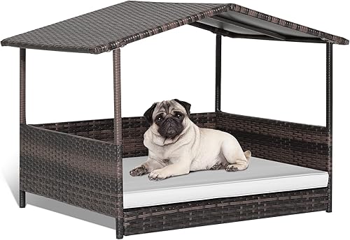 Tangkula Casa de mimbre para perros, cama elevada de ratán para interiores y exteriores con cojín extraíble, funda lavable, techo impermeable,