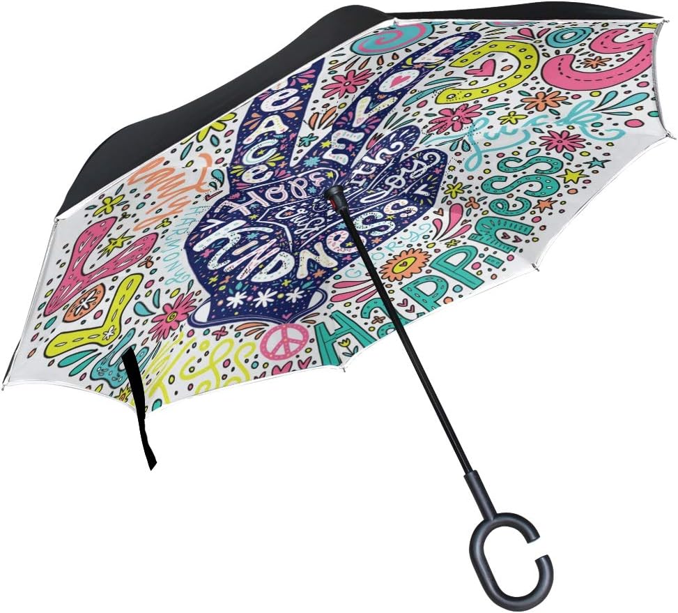 ALAZA Floral Peace Sign Gesture Windproof Inverted Open Close Reverse Rain Umbrella Inside Out Quality Waterproof Parasol Upside Down Stick Shelter with Hook c Handle
