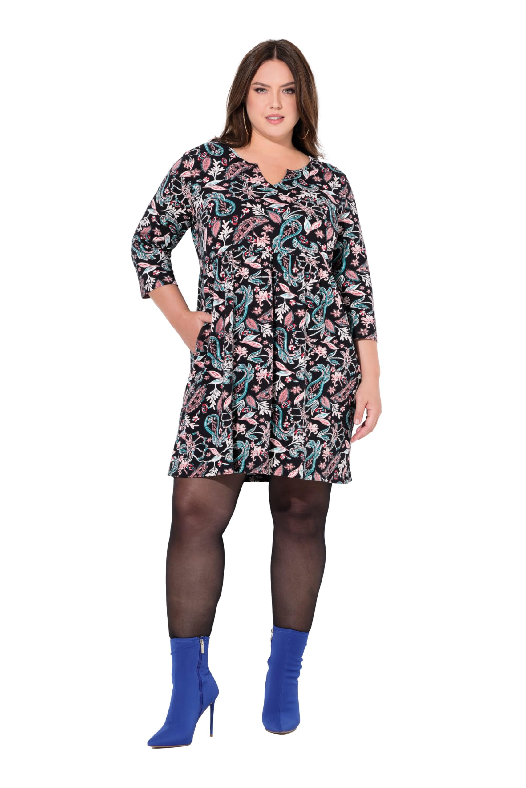 Ulla Popken Damen große Größen Übergrößen Plus Size Jerseykleid, Paisley, A-Linie, Tunika-Ausschnitt, 3/4-Arm 837033