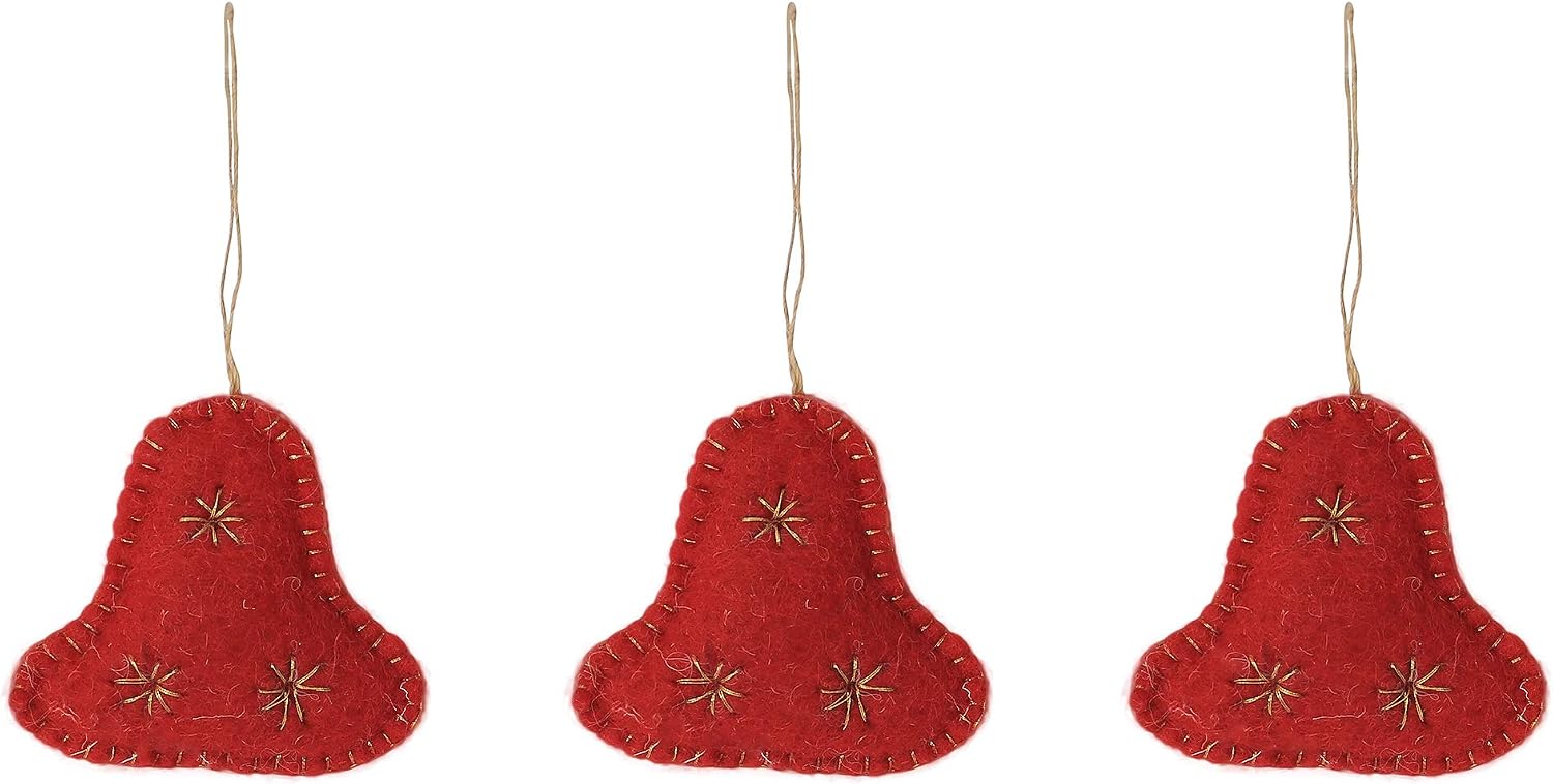 DeKulture Wool Felt Jingle Bell Ornaments – Set of 3 Handmade Christmas Tree Decorations for Holiday Décor