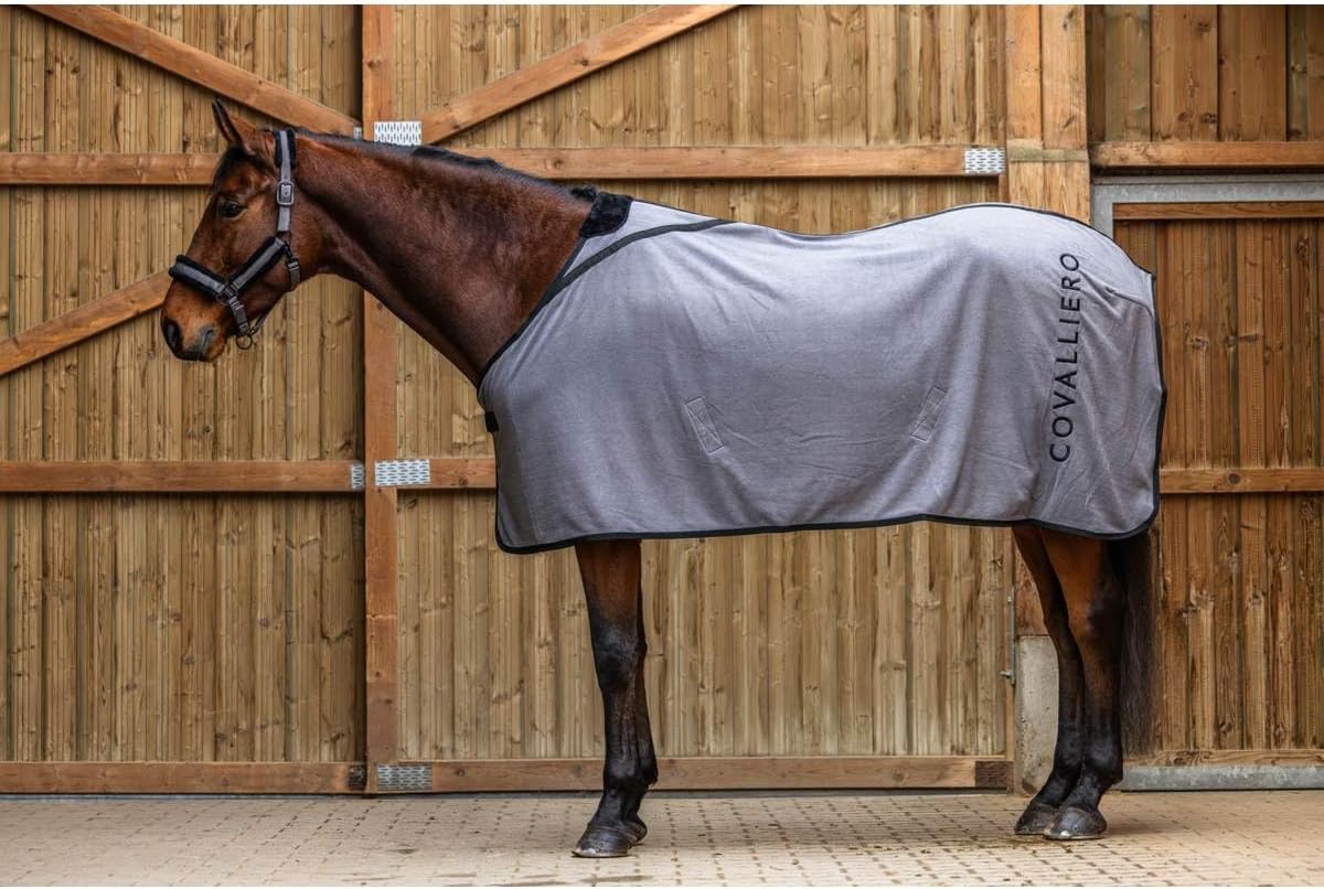 Covalliero - Fleece Blanket - Horse Cooler Blanket - Blanket with Fur Withers Padding, Cross Surcingles, Chest Buckle & Tail Strap - Breathable Horse Blanket in Steel Grey - Size 135 cm