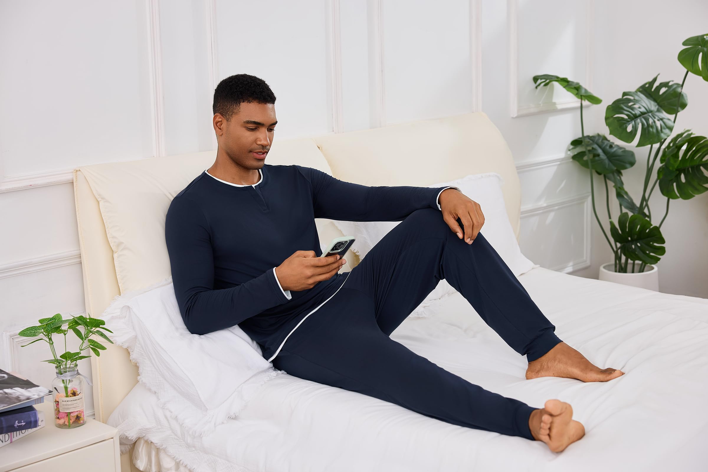 Jahetuul Pigiama Uomo Invernale Caldo Cotone Lungo Pigiami Due Pezzi da Uomo Maniche Lunghe Top con Design a Colletto Multistrato Lunghi Pantaloni con Tasche e Coulisse