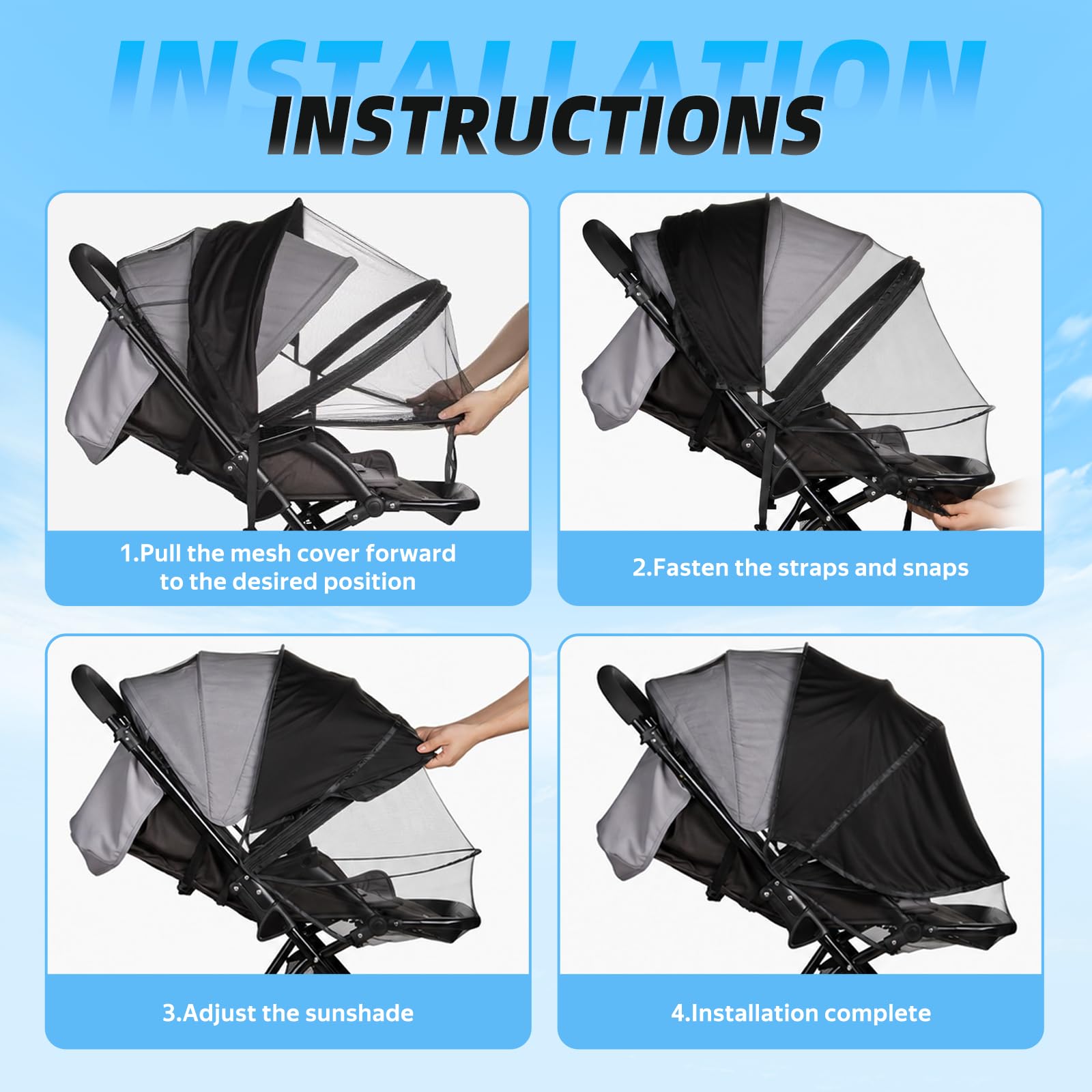 LPZMPZ Moskitonetz Kinderwagen mit Sonnensegel, Insektenschutz Fliegennetz 2-In-1 Sonnenschutz für Kinderwagen & Buggy Universal UV Schutz 50, Mückenschutz Fliegengitter Kinderwagen Schwarz
