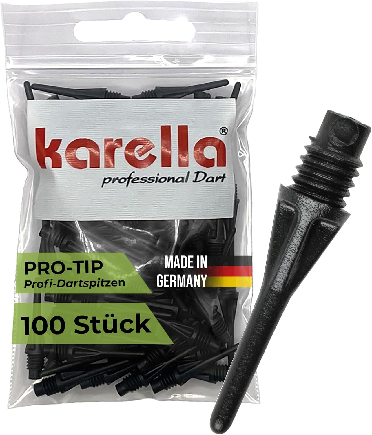 Karella Pro-Tip Dart Tips, Made in Germany, Sturdy Plastic Dart Tips, Soft Dart Tips, Electronic Dartboard, Perfect Hold in the Dart Machine, Pack of 100, 2BA Thread, White, Black