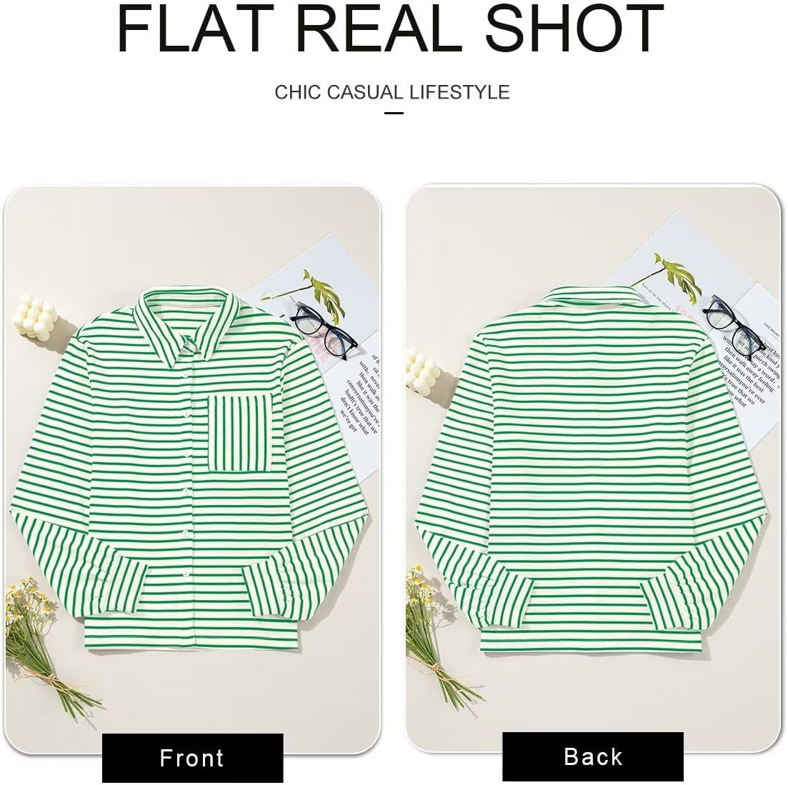 Astylish Women's 2025 Oversized Long Sleeve Shirts Button Up Striped Collared Front Pocket Top - Image 5