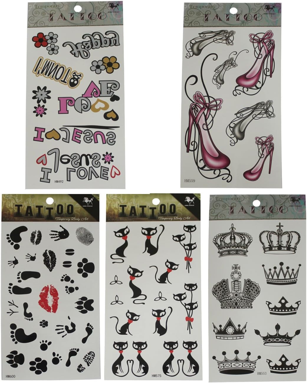 (Pack of 5) Temporary Tattoos (over 30 tattoos in total) - Many designs - Word, High Heels, handprint, footprint, animal budgets and lip, Cat and crown