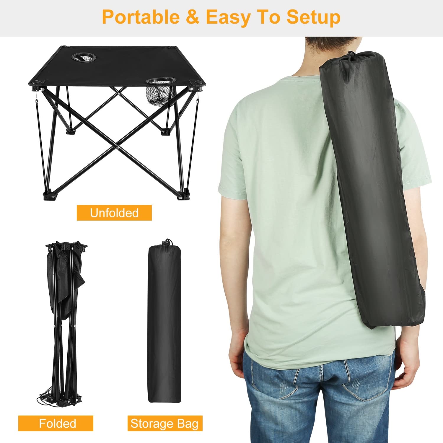 Folding Camping Table With 2 Cup Holders - 18.5x18.5 Inch Portable Picnic Table, 600D Oxford Fabric, Lightweight For Beach, BBQ