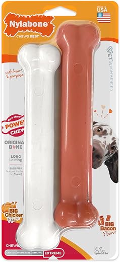 Nylabone Classic Power Chew Toys Twin Pack – Dog Toys for Aggressive Chewers – Tough & Durable Dog Bones for Large Dogs – Bacon and Chicken Flavors, Large/Giant (2 Count)