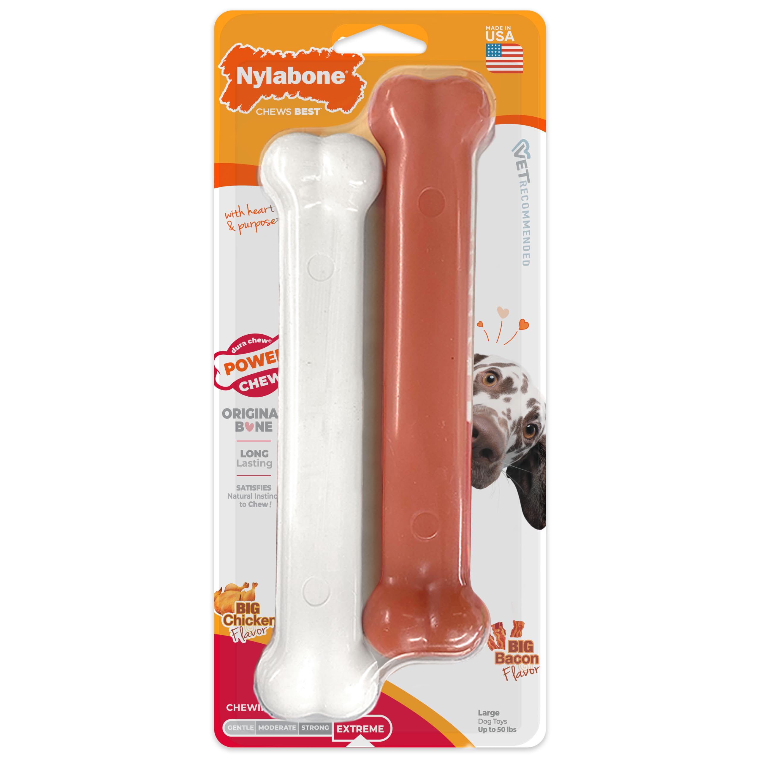 Nylabone 2 x Dura Chew ekstremalnie wytrzymałe kości do żucia dla psa, 1 boczek i 1 kurczak, duża, dla psów do 23 kg