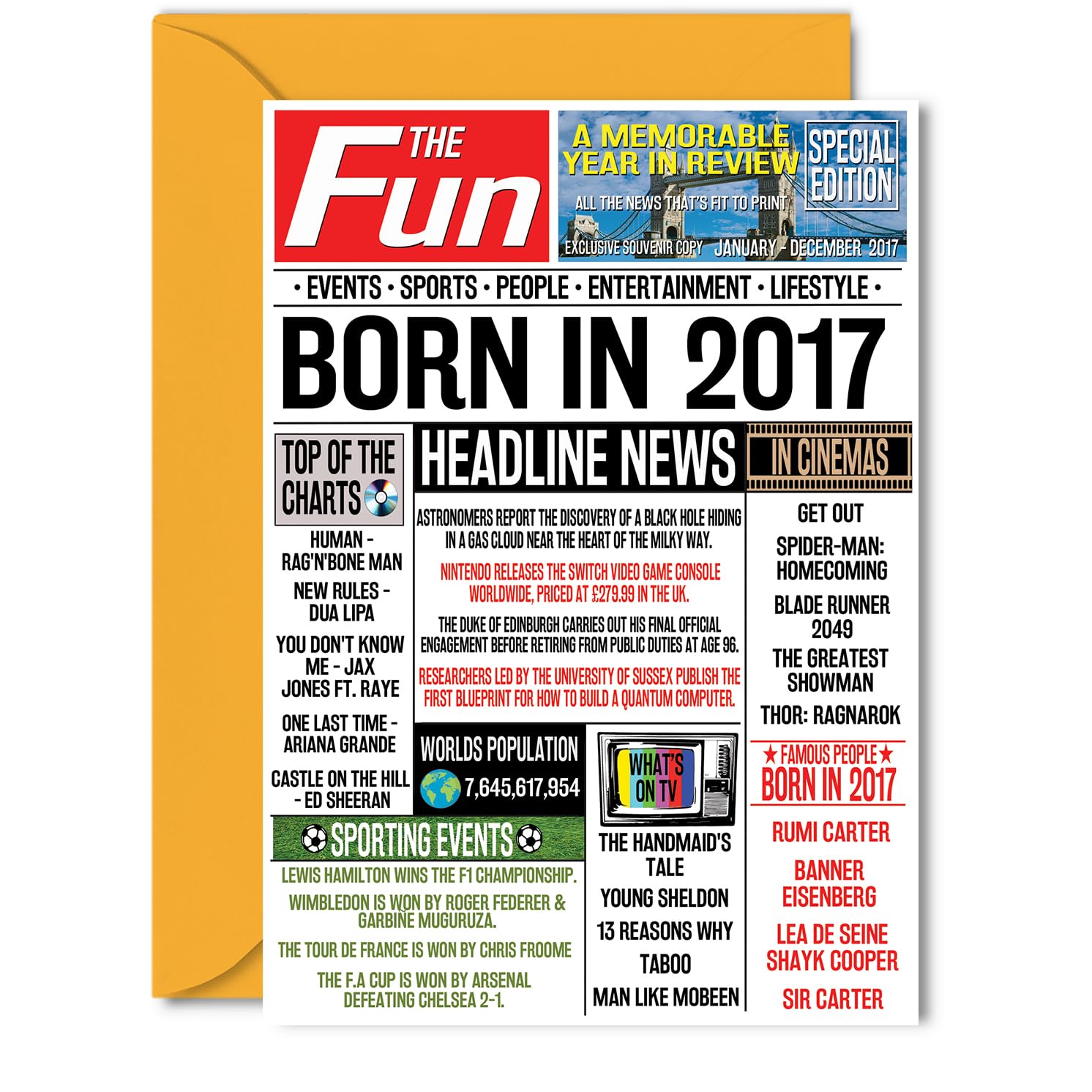 9th Birthday Card for Boys Girls - Born In 2017 Newspaper - Happy 9 Birthday Cards for Nephew Grandson Sister Son Niece Brother, 5x7 Inch Bday Greeting Cards