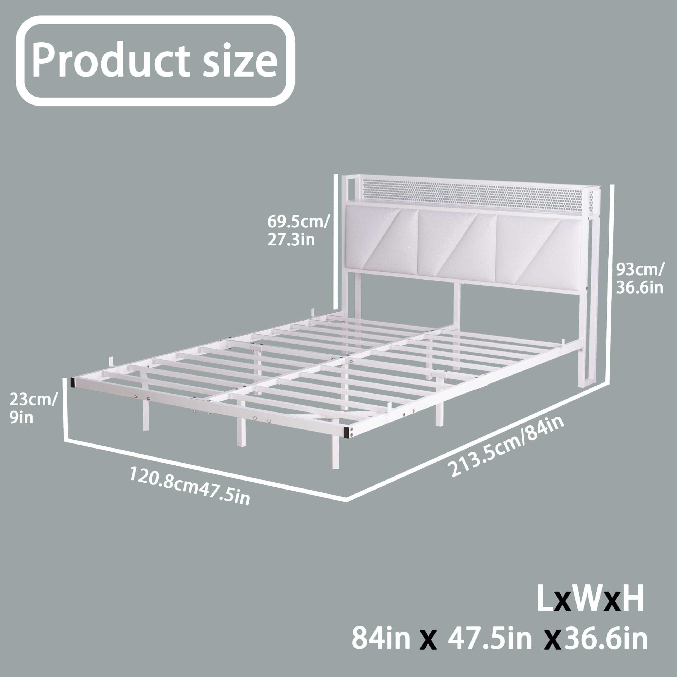 Marco de cama flotante de 120 x 200 cm con luces LED y estación de carga USB, marco de cama de plataforma metálica con cabecero acolchado y almacenamiento, listones de metal resistentes, libre