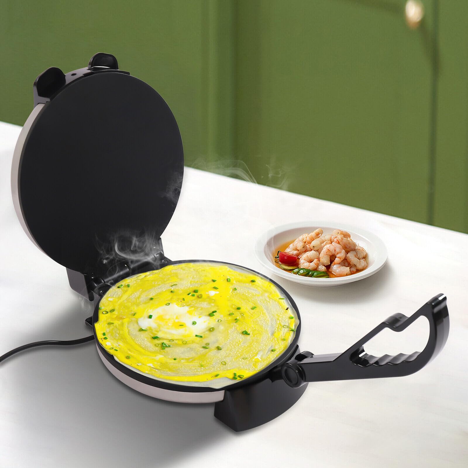 Tortilla Presse, 1500W 220V Elektrisch Pizza Tortilla Maker Edelstahl Doppelseitige Heizung Temperatur Einstellbar bis zu 200°C/392°F für Häuser, Restaurants, Dessertgeschäfte usw