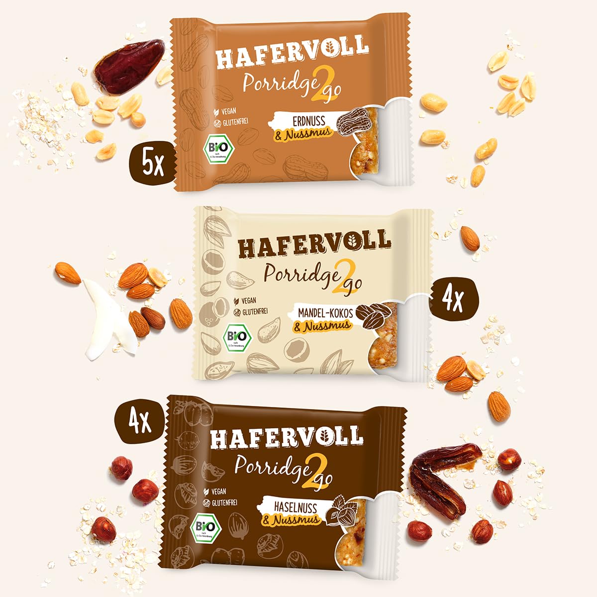 HAFERVOLL Porridge2go Mixbox, 3 Riegel: Sorten Erdnuss, Haselnuss und Mandel-Kokos, 13 x 55g Müsliriegel, Bio-zertifiziert, Vegan, ohne Zusatz von Zucker, mit Nussmus
