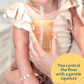 The First Years Squeeze & Sip Toddler Straw Cups - Squeezable Transition Sippy Cup with Silicone Straw - Toddler Feeding Supplies - Yellow/Pink/Orange - 7 Oz - 3 Count - Ages 6 Months and Up