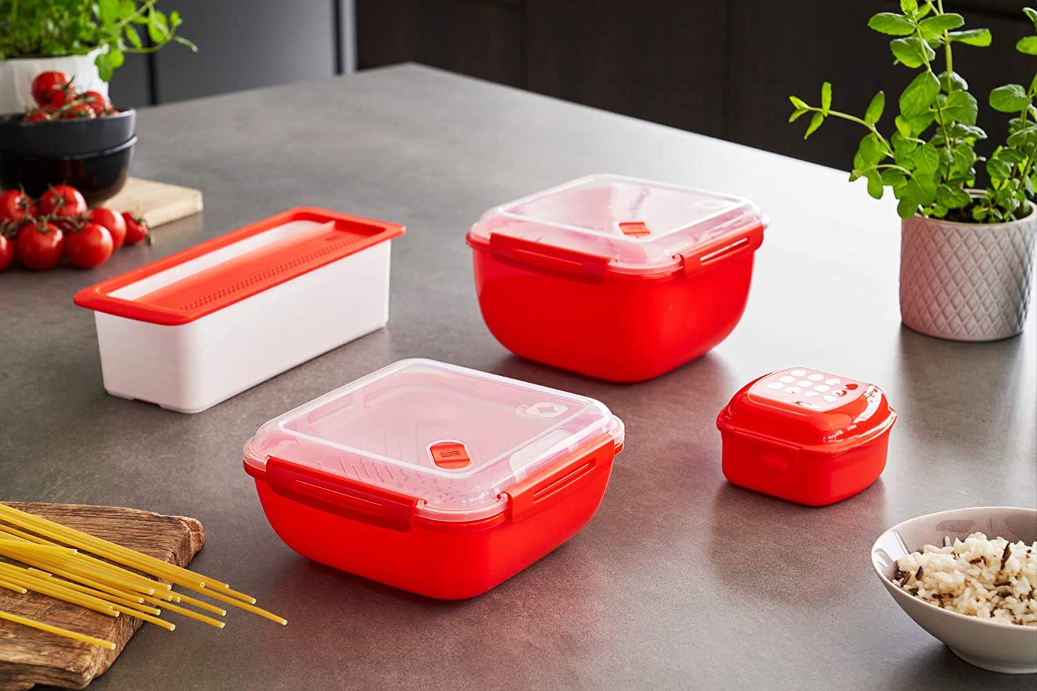 Rotho Memory Microwave Cocina de pasta de 1.8l con tapa para microondas, Plástico (PP) sin BPA, rojo/blanco, 1.8l (29.7 x 11.3 x 8.3 cm)