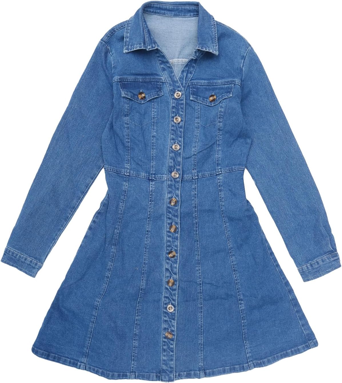 Allegra K Women’s Denim Dress Button Down Collar V Neck Long Sleeve A-line Cotton Jean Dress