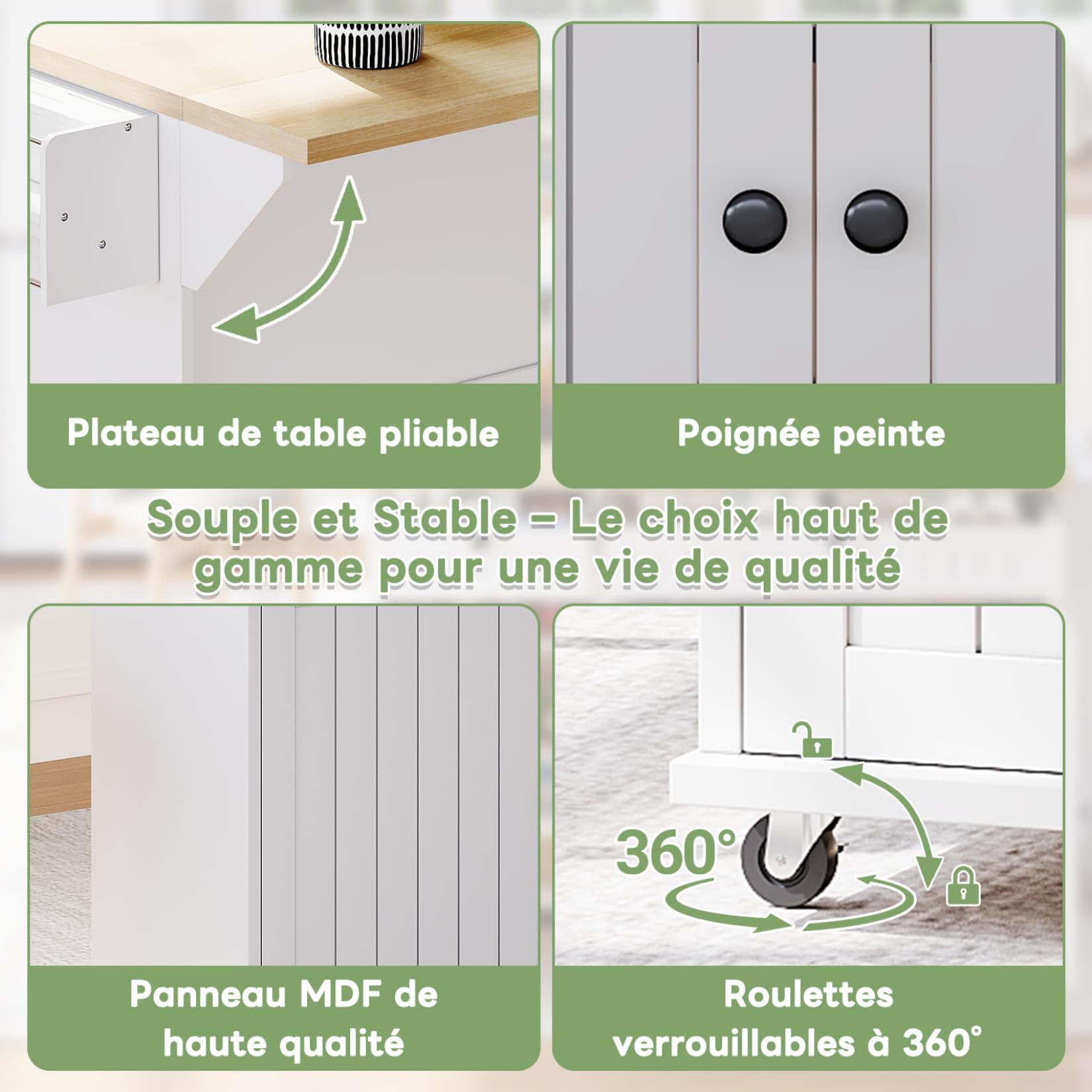PUGSDRLY Desserte Cuisine à 6 roulettes Orientables,Îlot Central,Buffet Cuisine avec Plan de Travail Pliable,Étagères Réglables,2 Tiroirs,Portique (A-Blanc, 70x137x89.5)
