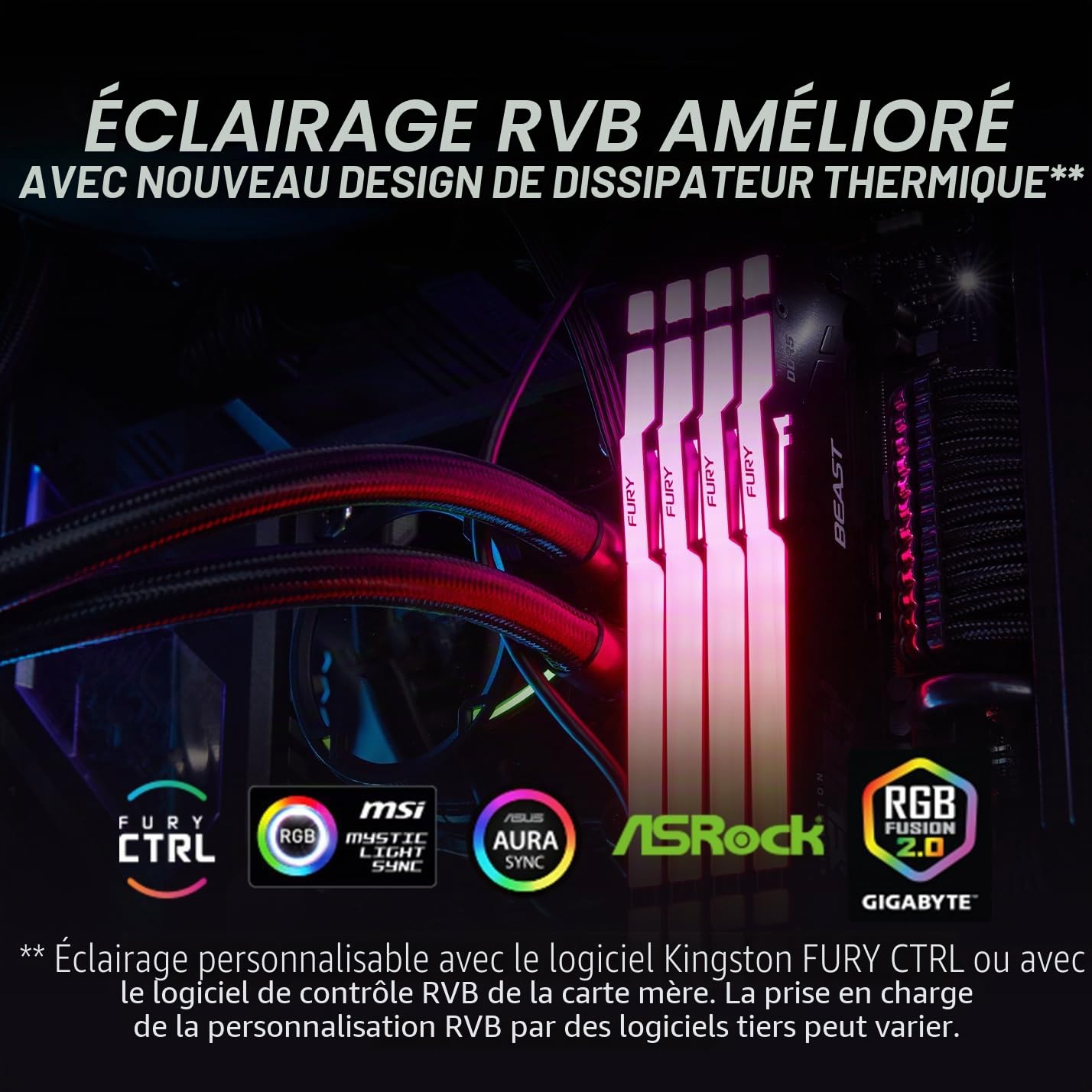 Kingston FURY Beast Noir RGB 32Go (2x16Go) 6000MT/s DDR5 CL36 DIMM Mémoire pour PC de Gamer Kit de 2 AMD EXPO/ Intel XMP - KF560C36BBE2AK2-32