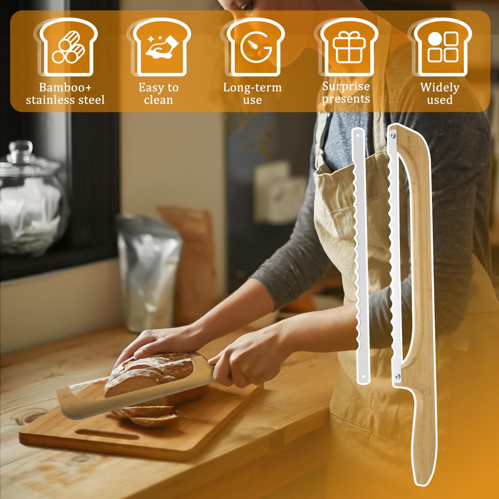 SAEHAEYEE Bread Bow Cutter, Stainless Steel Sourdough Bread Slicer with Wood Handle Serrated Bagel Cutter Replaceable Bread Cutter Slicer Practical Bread Slicer for Home Baking