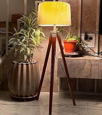 Asian Decor Collection Tripod Floor Lamp for Living Room, Bed Room with Wooden Crafter Stand (Yellow Shade)