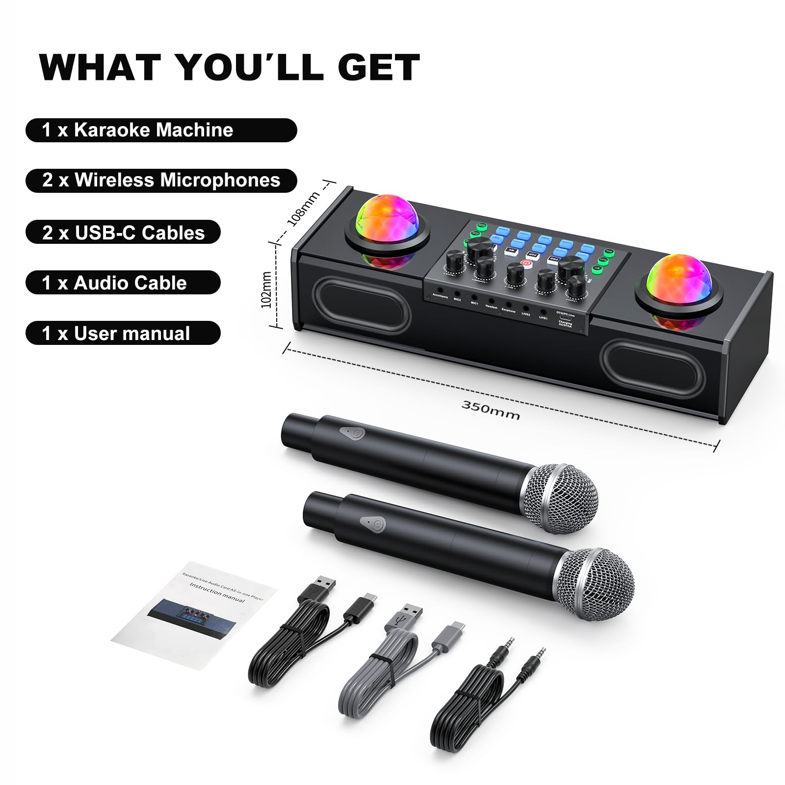 MT-VIKI Maszyna do karaoke LED z 2 bezprzewodowymi mikrofonami, mikser audio do streamingu