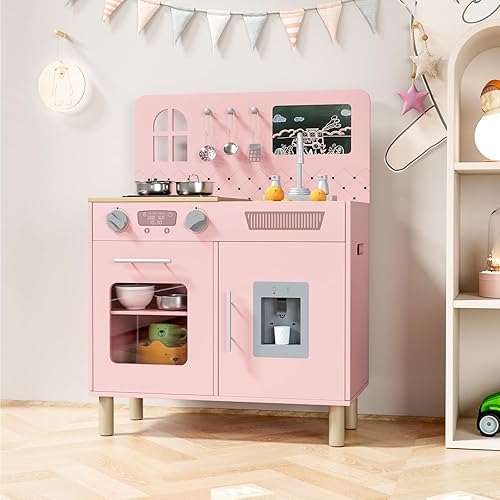Miniatura 6 de MAMIZO Juego de cocina para niños, juego de simulación con pizarra y luces y sonidos realistas, cocina de madera interactiva definitiva con sonidos