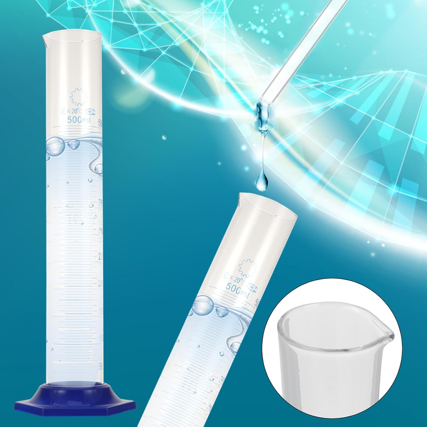 2-pcs 500ml Glass Measuring Cylinder Set with Dropper, Borosilicate Graduated Cylinders for Laboratory Chemistry Equipment and Lab Experiments Style
