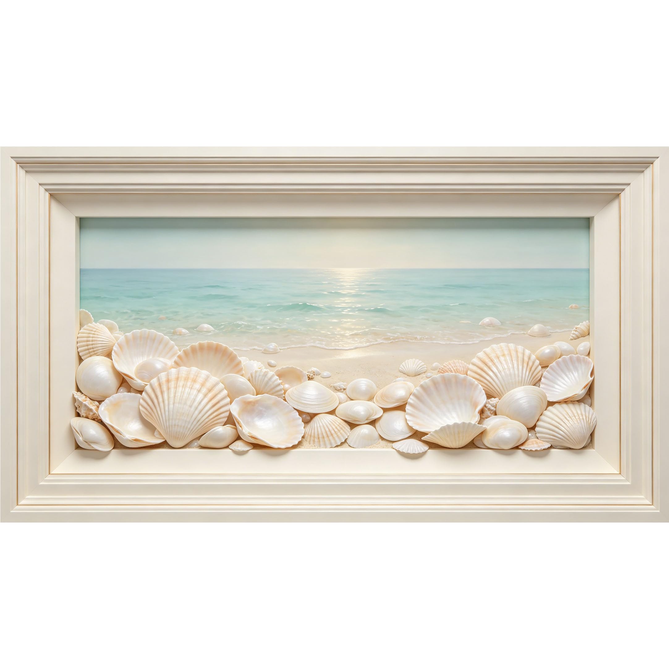 QZLITHOTIC 50×90cm3D Framed Wall Art， Coastal Seashell Beach Shoreline Self?Adhesive Mural， Water?Activated Peel & Stick Fabric Decor Wall Decal for Bedroom Living Room
