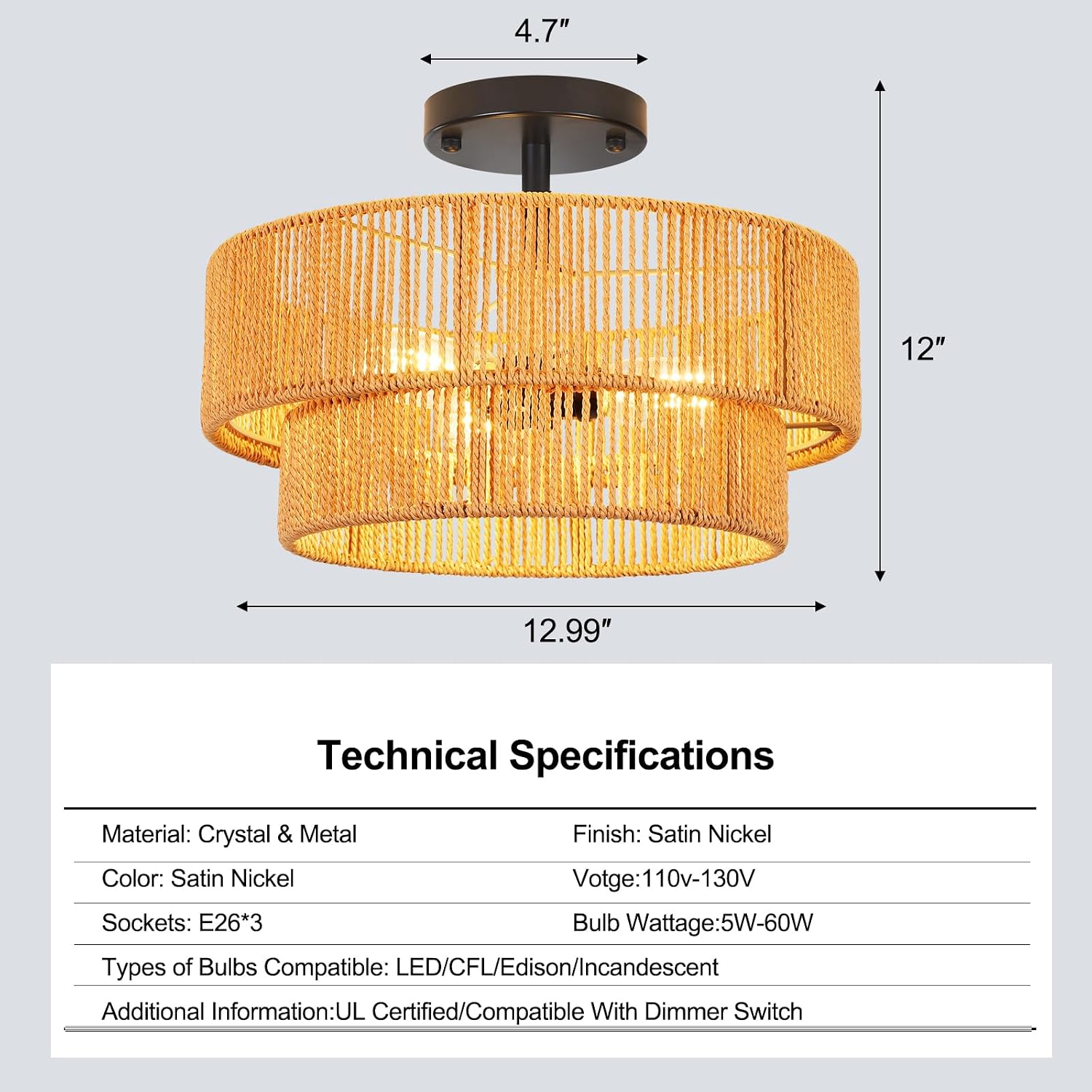 ZECOXOL Rattan Ceiling Light Fixture Modern Boho Chandelier Flush Mount Ceiling Light 3-Lights 12.99",Boho Woven Wicker Light Fixtures for Hallway Bedroom Living Room Entryway Kitchen Island