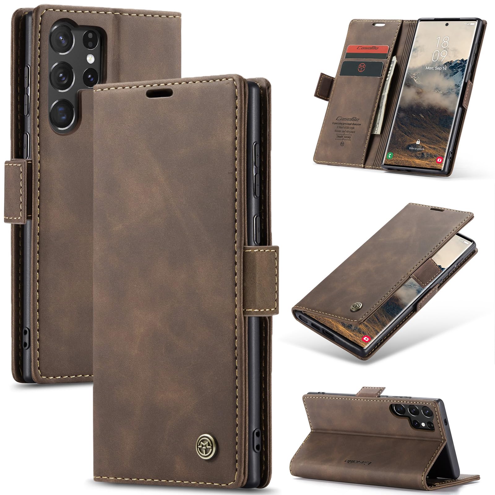 for Samsung Galaxy S25 Ultra Case, Flip Wallet Leather Case with Card Holder Magnetic Closure Shockproof Kickstand Protective Phone Cases Cover for Galaxy S25 Ultra, Coffee Samsung Galaxy S25 Ultra Coffee