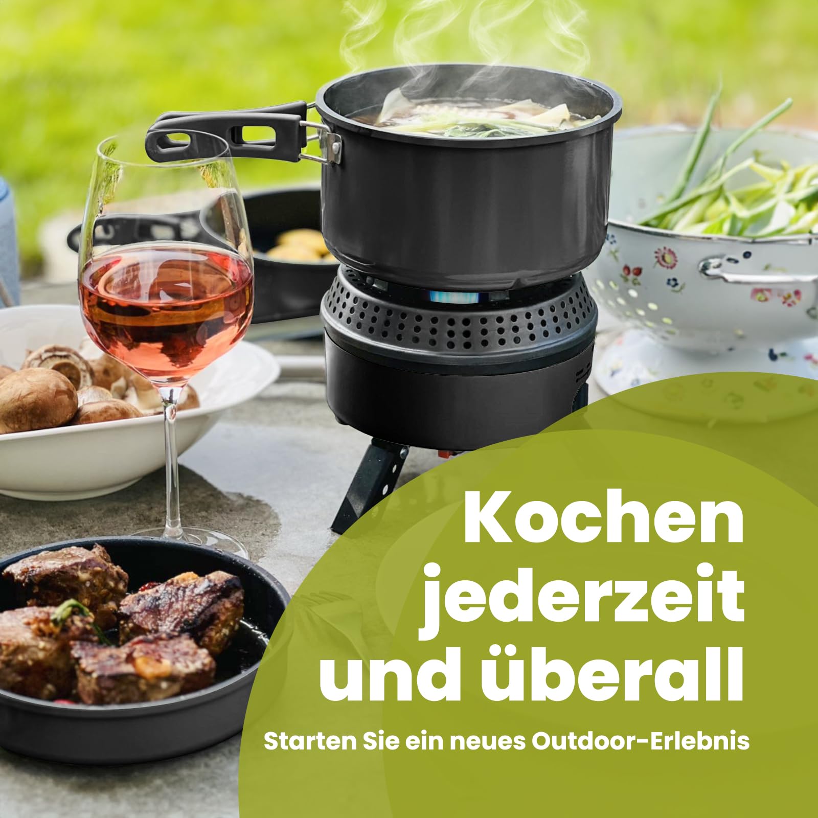 Camping Kochgeschirr Set für 2-4 Personen, 2 IN 1 Elektro und Gaskocher, Kombiniere 700W Elektrische & 2200W Gas, Camping Geschirr Campingkocher für Wohnmobil, Drinnen, Draußen