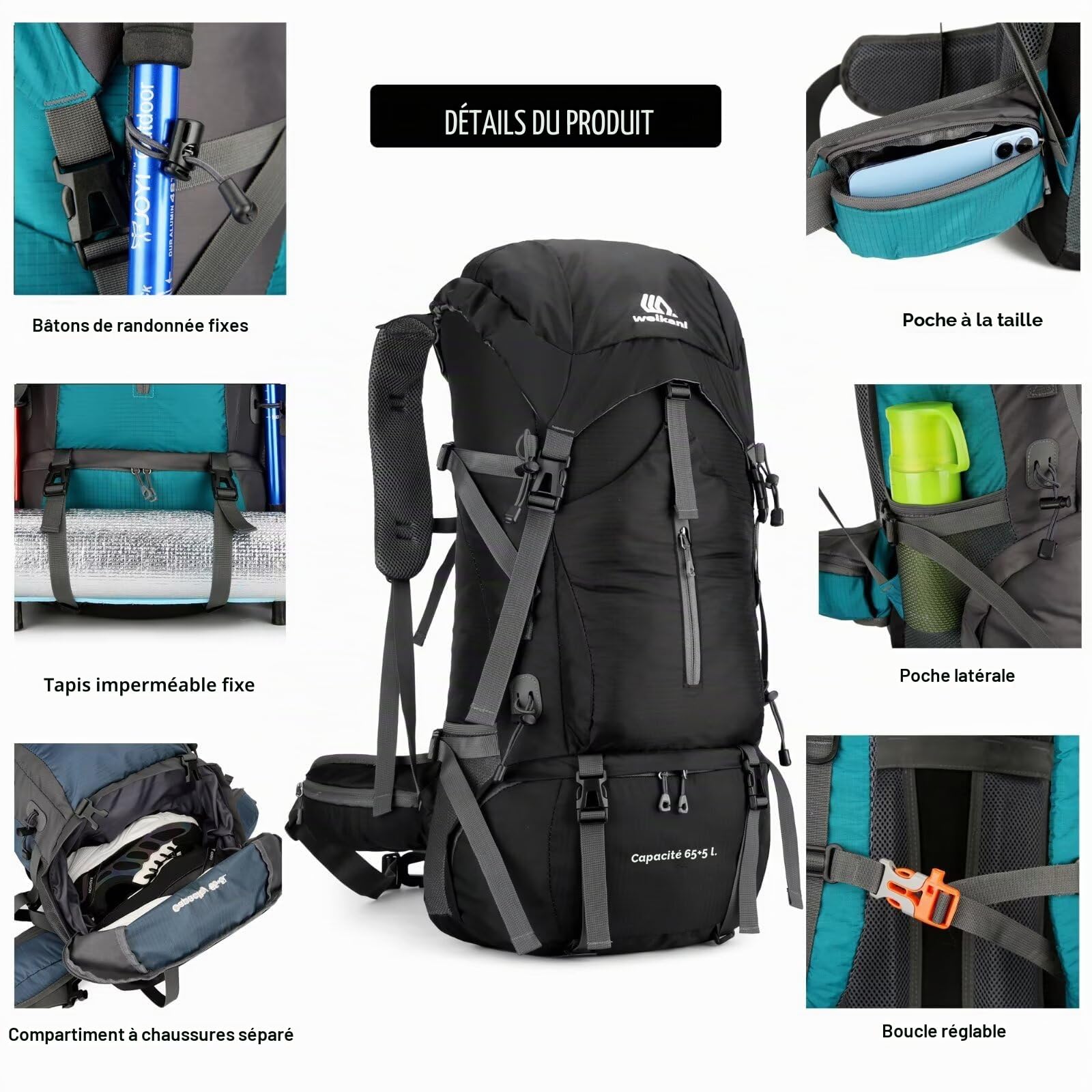 Sac à dos de randonnée 70 l avec housse de pluie - Grand sac à dos de trekking pour homme et femme - Imperméable - Léger - Pour sports de plein air, voyage, randonnée, cyclisme, escalade