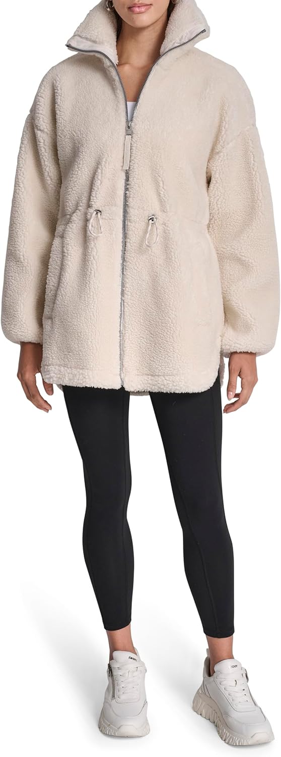 DKNY womens Sherpa Mock Neck Curved Hem Jacket - Image 4
