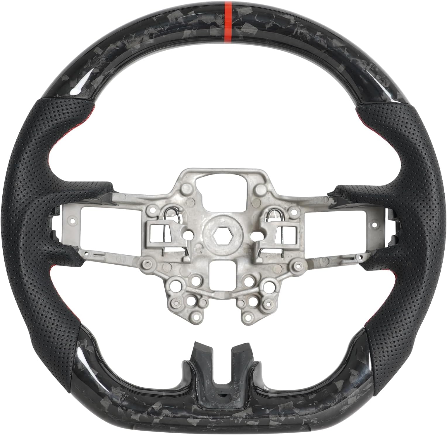 Carbon Fiber Steering Wheel for Mustang 2018-2023 Glossy Forged Grain Design Hand Stitching D-shaped with Black Nappa Perforated Leather Steering Wheel for Mustang EcoBoost/GT for Shelby GT350/GT350R