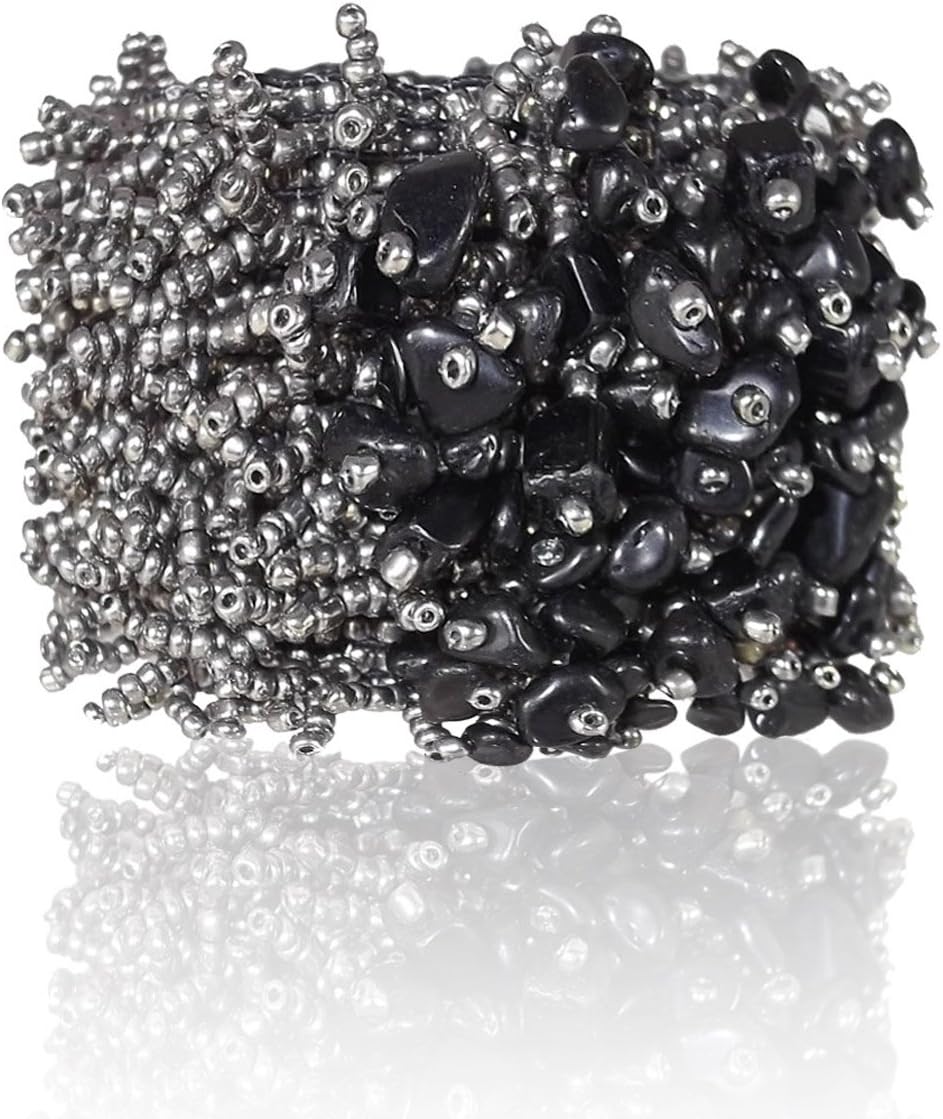 Stacked Bracelet - Silver Beads with Black Shells - elastic 7 inches - Rio Collection