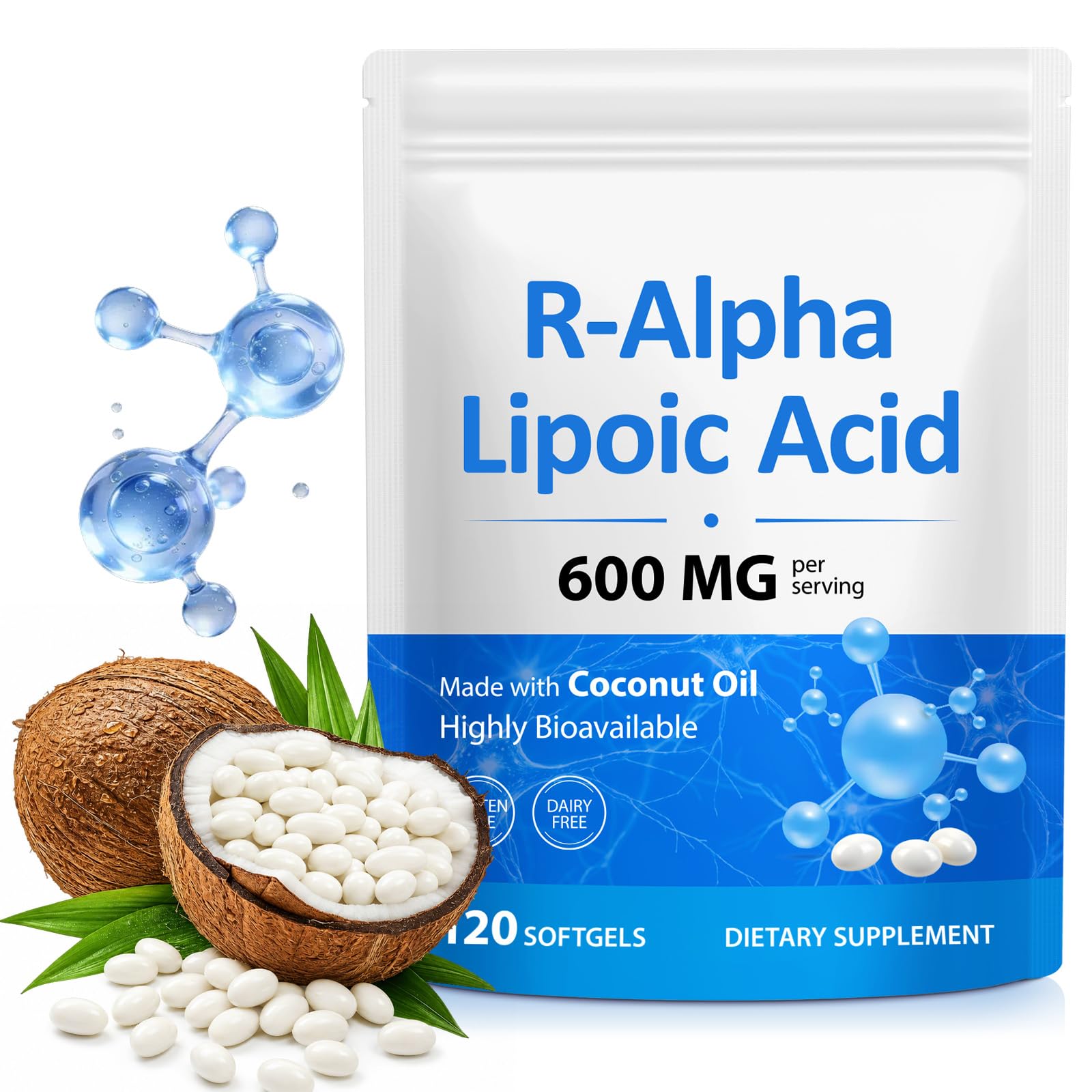 R-Alpha Lipoic Acid 600mg Per Serving for Energy Level, Vitality, Cognitive, Antioxidant Support, with MCT Oil, High Absorption|Gluten Free, No Soy, 120 Pcs