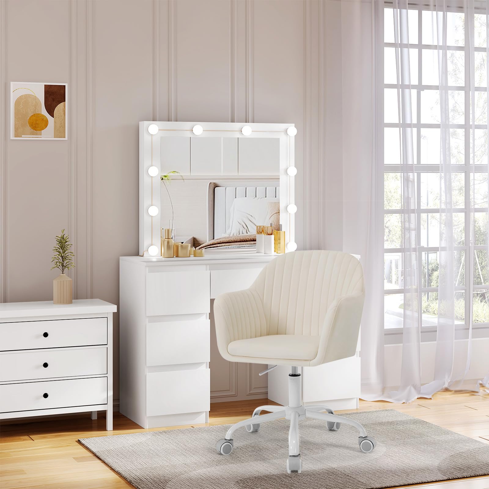 WOLTU Schreibtischstuhl, Bürostuhl ergonomisch, Homeoffice Stuhl höhenverstellbar, Schminkstuhl mit Armlehnen, Drehstuhl mit Rollen, Samt Stuhl Metallrahmen, 150 kg belastbar, Beige